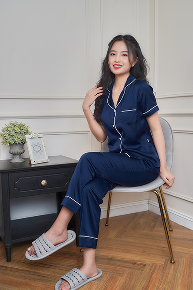 PYJAMA TRƠN ÁO NGẮN - QUẦN DÀI - MÀU XANH THAN